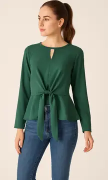 Allegra K Women’s Long Sleeve Tie Front Peplum Blouse Green Size XS NWOT