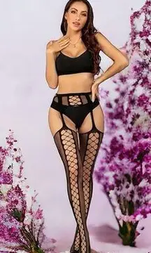 Black‎ Sexy High Waist Mesh Suspender Pantyhose Cut Out Fishnet Tights One Size