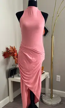 Women Sleeveless Mock Neck Pink Bodycon Wrap Long Dress Size Medium