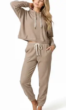 Aerie Ribbed Cropped Hoodie Jogger Set Womens XS Brown 100% Cotton Cozy Lounge