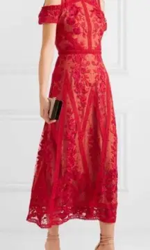 💕MARCHESA💕 Cold-Shoulder Guipure Lace-Trimmed Embroidered Tulle Midi Dress Red