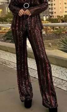 Zara | Sparkle Sequins Flare Wide Leg Pants Striped Black‎ Red - 3440/251/800