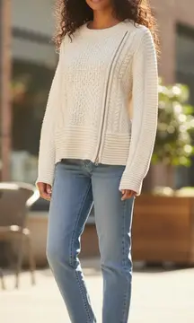 Veronica Beard Cream Wool Cable Knit Asymmetrical Zip Sweater Womens