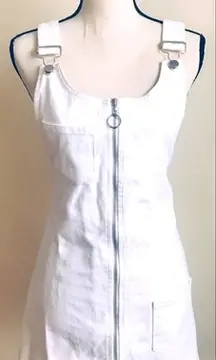 White Denim Overalls Dress: Mini Skirt, A-Line Style, Sz. M/L