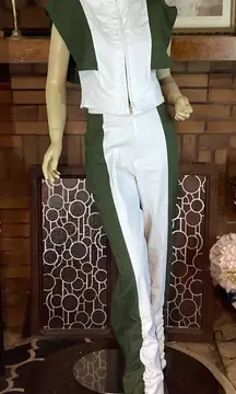 LAURA CARDENES GREEN AND WHITE HIGH WAIST, CROPPED TOP PANT SET NWT (M)