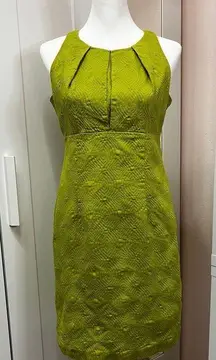 Karin Stevens Green Jacquard Sleeveless Pleated Round Neck Knee Length Dress