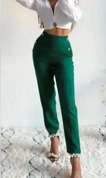Zara Green High Rise Tapered Trouser Pants w Gold Button Accent Detail Size XS