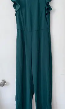 Blue Rain Jumpsuit Mock Neck Flutter Sleeve Wide Leg Green Women's Size L