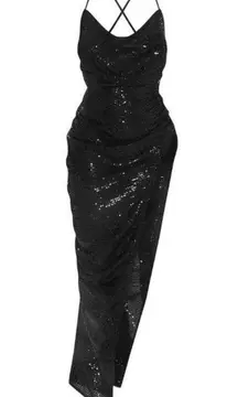 NWT PrettyLittleThing Black Textured Sequin Cowl Neck Thigh Split Maxi Dress 12