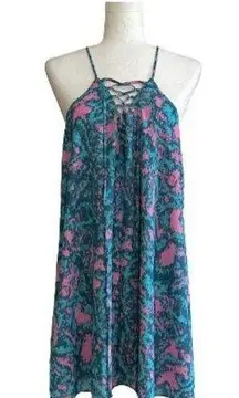 Izzy & Lola Dress Pink Blue Lace Up Front Boho Bohemian Mini Swing Dress Medium