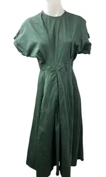 Cord India Women's Green Short Cap Sleeve Crew Neck Midi Flare A-Line Dress Sz S