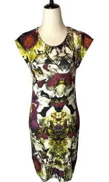 Ted Baker Black Jersey Knit Abstract Floral Print Crew Neck Sheath‎ Dress Size S