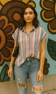 Orvis Linen Blend Coastal Stripe Button Up Shirt Cottagecore Beach M