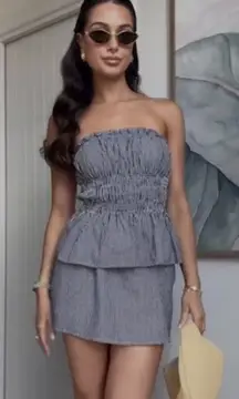 PETAL & PUP Luna Strapless Peplum Top & Skirt Set in Black White Gingham Large