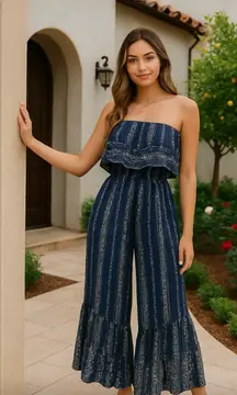Japna smocked ruffle strapless jumpsuit wide leg palazzo romantic blue floral XS