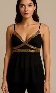 Charlotte Russe Y2K Black Sequin Babydoll Mesh Top Women’s L Glam Party Clubwear