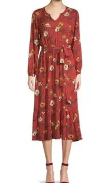 West Kei Floral Tie Waist Midi Dress in Rust Size Medium