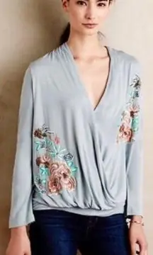 Anthropologie Akemi + Kin Embroidered Floral Surplice Top Small Light Blue Wrap