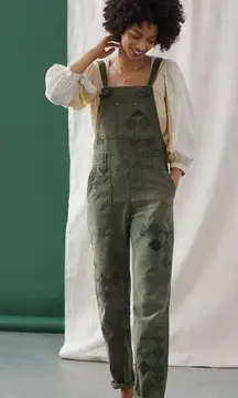 NWOT Anthropologie Pilcro Wanderer Patchwork Overalls Size 27 Green Cotton Blend