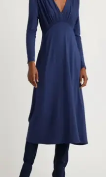 Quince Tencel V Neck Jersey Deep Blue Long Sleeve Midi Dress