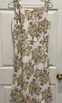 Loft Ann Taylor 6 Linen Blend‎ Floral A-Line Sun Dress Yellow Brown Sleeveles
