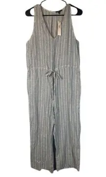 Drew Anthro Blue White Striped Sleeveless Linen Blend Pants Jumpsuit Women Sz M