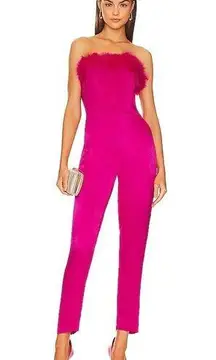 Saylor  Raya Faux Feather-Trimmed Satin Hot Pink Jumpsuit with pockets