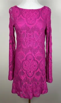 Nightcap 4 Dress Women Large Pink Lace‎ Open Back Bell Sleeve Boho Boatneck New