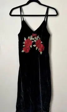 Black Velvet Mini Dress Womens Small Red Rose Tank Fall Goth Academia Halloween
