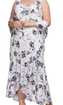 Alex‎ Evenings Midi Maxi Asymmetrical Dress Wedding Party Floral Shawl 24W 3X
