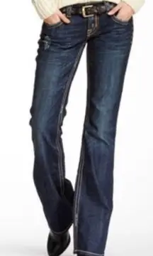 MEK USA WILSHIRE STRAIGHT LOW RISE FLARE LEG DARK WASH TOP STITCHING EMBROIDERED