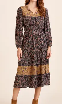 Roolee Maxi Hippie Boho Prairie Dress Womens M Yellow Blue Fall Floral Polyester