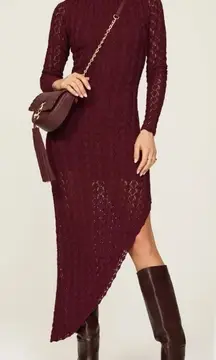 rtr Something Navy  XS Maroon Asymmetric Long Sleeve Crochet Knit Sweater Dress