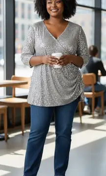 Silver Sequined Blouse Holiday Party Size 5XL