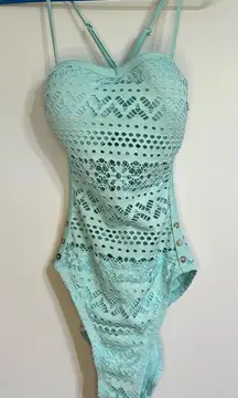 Women’s One Piece Crochet Sheer Swimsuit Button Detail Adjustable Straps Size 10