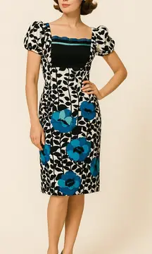 Vintage floral print black white, square neck, bubble‎ short sleeve sheath dress