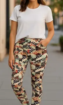 LuLaRoe Womens Leggings‎ Sz TC Cream Orange Black Mint Funky Print 12 14 16 18