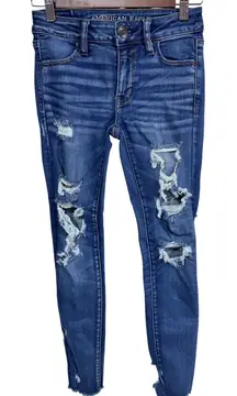 American Eagle Outfitters Skinny Jeans Blue Distressed Ripped Stretch Denim Sz 0