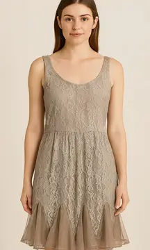 Mystree Lace Tank Dress Beige Size Lg Boho Cottagecore Feminine Chic Flounce Hem