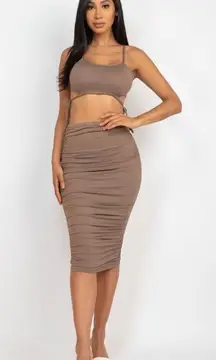 NEW "Be Mine" Sexy Taupe Cut-out Crop Top & Ruched Midi Skirt Set