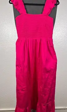 The Drop | Elegant Pink Midi Dress with Ruffle Straps