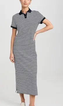 Theory Striped Polo Short Sleeve Midi T-Shirt Dress in Navy/White Stripe