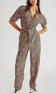 Scotch & Soda Jumpsuit Leopard Animal Print Puff Sleeve Utility Tan Black Medium