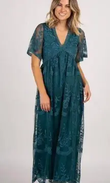 New with Tag Pink Blush Dark Turquoise Lace Mesh Overlay Maxi Dress Sz S (Flaw)