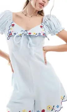 Asos linen embroidered‎ Peter Pan collar play suit romper