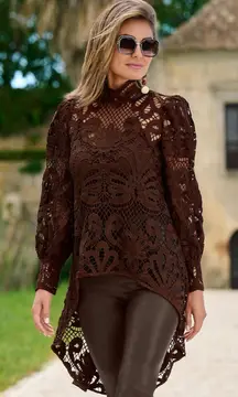 Boston Proper Brown Mock Neck Lace High Low Blouse with Cami