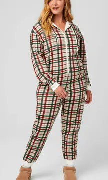 Fabletics plaid green red Cozy Fleece Hooded one piece size medium