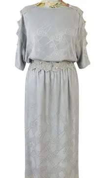 Vtg Carol Peretz Silver 100% Silk Lace Trim Midi Dress Sz 12 Ethereal Romantic
