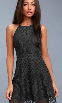 Black Swan • Charlotte Lace Skater Dress mini apron neck crochet Charcoal Grey