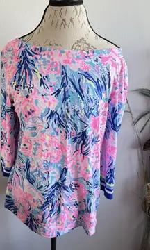 LILLY PULITZER  Fan Sea Periwinkle Waverly  Cotton Spandex Blend Top Size Large